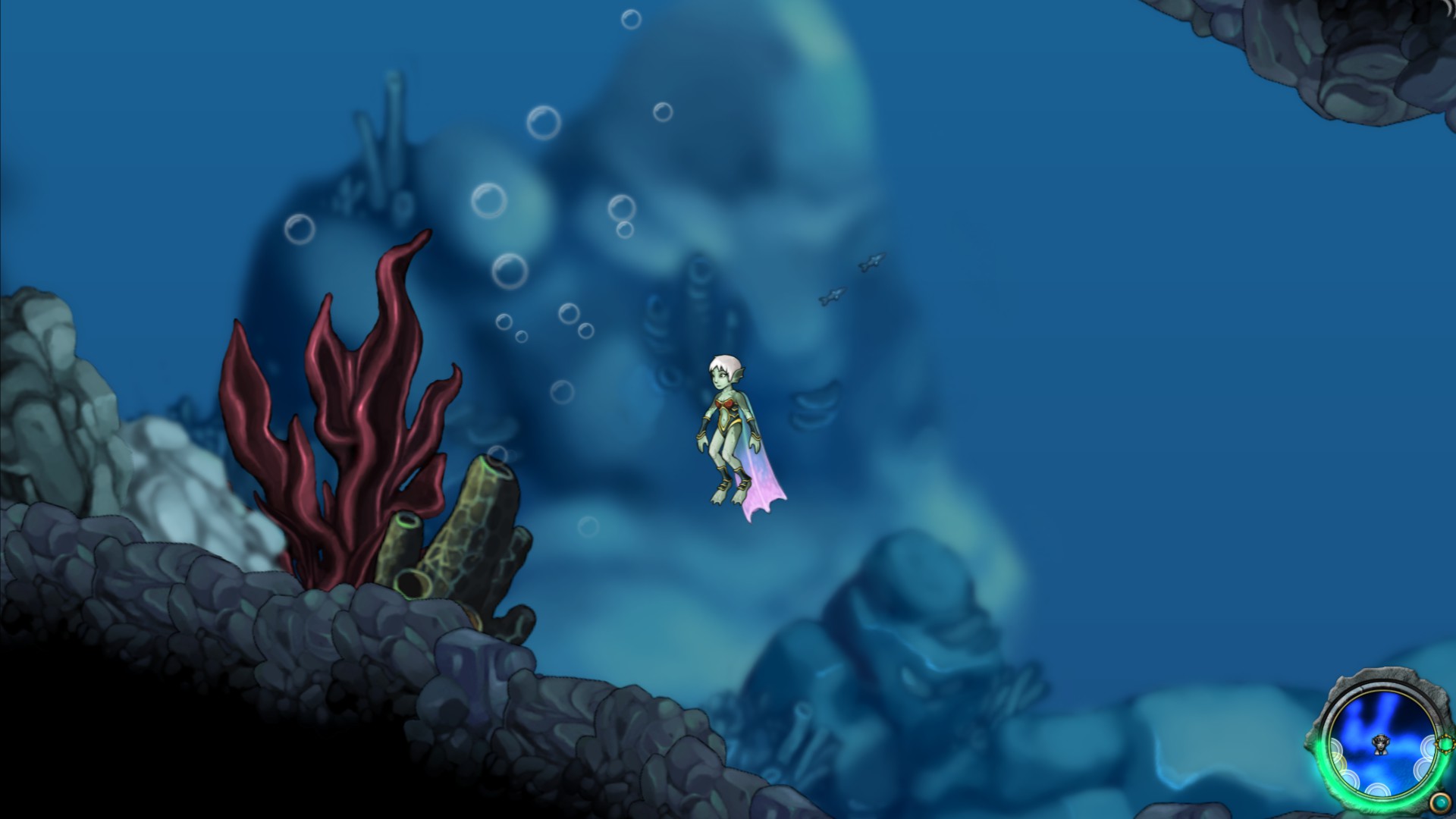 Auf einem Sceenshot aus dem Computerspiel 'Aquaria' ist eine Nixe in einer Unterwasserhöhle zu sehen.