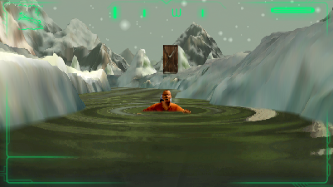Auf einem Sceenshot aus dem Computerspiel 'Outcast' ist zu sehen, wie ein Mann in einer winterlichen Landschaft in grünlichem Wasser schwimmt.